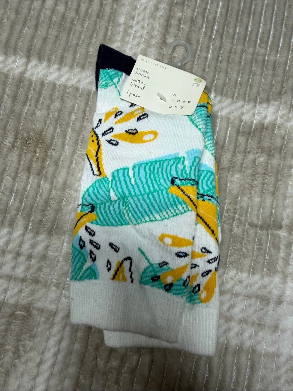 a new day White Crew Socks with Teal Leaves & Yellow Bananas